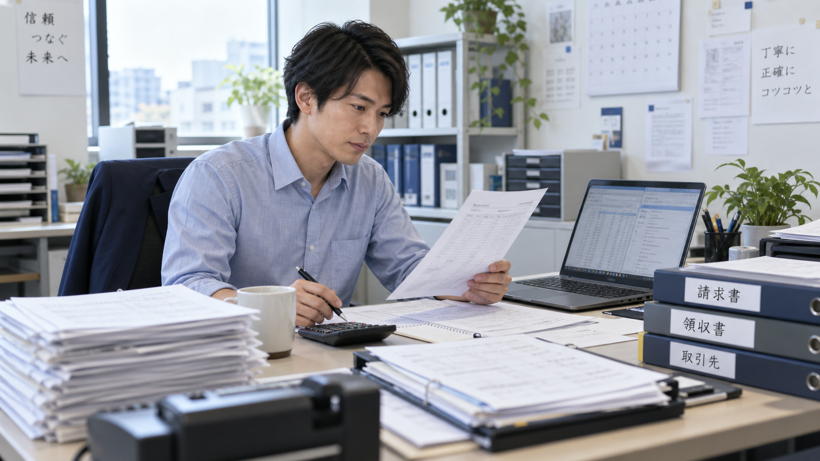 紙の書類とパソコンを照らし合わせて入力作業を進める事務担当者