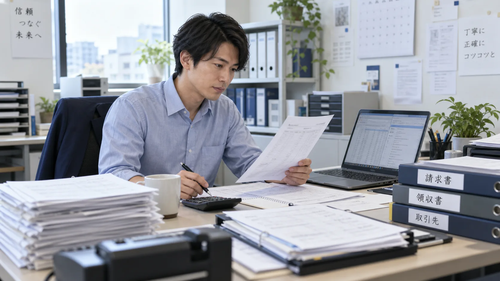 紙の書類とパソコンを照らし合わせて入力作業を進める事務担当者